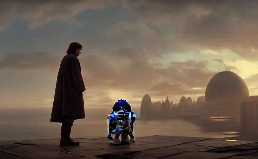 Image similar to iconic wide cinematic screen shot of luke skywalker downtrodden with r 2 - d 2, standing with a view of coruscant at sunset, from the thrilling scene from the hbo succession, moody cinematography, foggy volumetric lighting, hyper detailed scene, anamorphic lenses 2 4 mm, lens flare, award winning