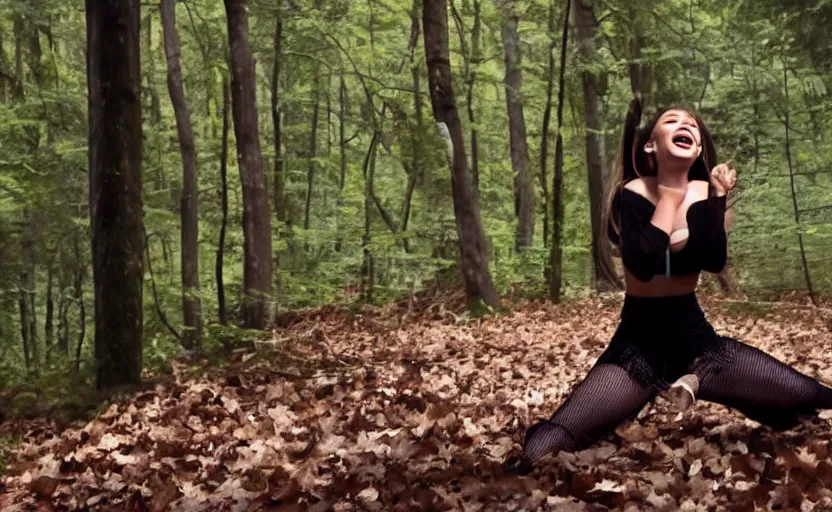 Prompt: ariana grande maniacally laughing in a dark forest