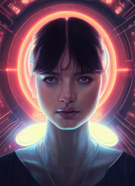 Image similar to symmetry!! centered head on closeup portrait of a girl reading multiple books, sci - fi -, cyberpunk, blade runner, glowing lights, tech, biotech, techwear!! intricate, elegant, highly detailed, digital painting, artstation, concept art, smooth, sharp focus, illustration, art by artgerm and greg rutkowski and alphonse mucha