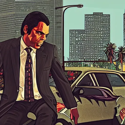 Prompt: Illustration of Nick Cave GTA V cover art