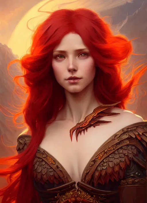 Prompt: a beautiful red haired woman with wings of fire, deep focus, d & d, fantasy, intricate, elegant, highly detailed, digital painting, artstation, concept art, matte, sharp focus, illustration, hearthstone, art by artgerm and greg rutkowski and alphonse mucha