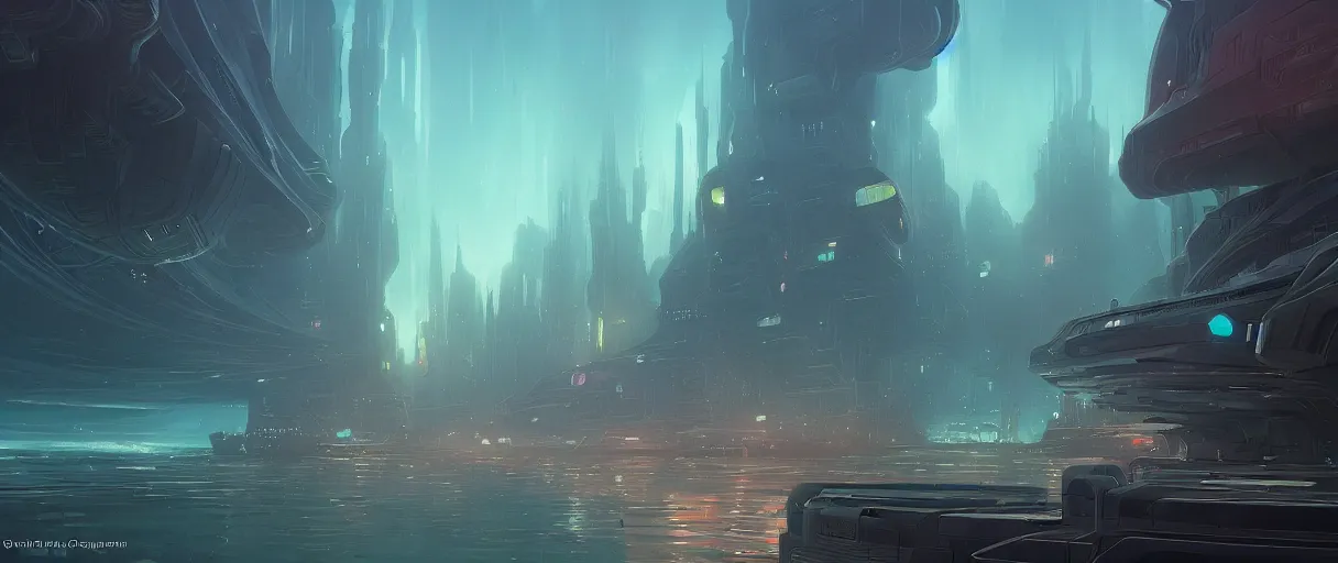 Prompt: digital painting of an underwater sci-fi city, style of Ralph Mcquarrie, concept art, high angle, high detail, cold lighting, dark, vivid, beautiful, caustics, trending on artstation, by Jordan grimmer, no focus, huge scene