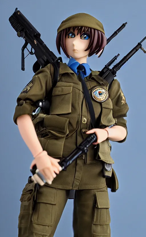 Image similar to toy photo, grabbing a rifle, school uniform, portrait of the action figure of a girl, anime character anatomy, small blue eyes, figma by good smile company, collection product, dirt and smoke background, flight squadron insignia, realistic military gear, 70mm lens, round elements, photo taken by professional photographer, trending on instagram, symbology, 4k resolution, low saturation, realistic military carrier