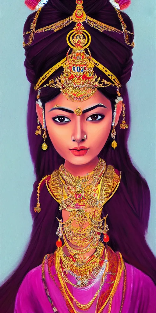 Prompt: painterly portrait of a beautiful asian indian hindu queen mixed with british royal garb trending on artstation