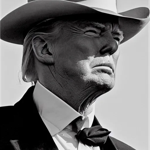 Image similar to an 1 8 0 0 s photo of donald trump playing the role of clint eastwood, squinting at high noon, in the style of a clint eastwood movie, the good, the bad and the ugly, clint eastwood, vibe, donald trump, glory days, mount rushmore, justice, american flag, independence, patriotism, apple pie, black and white, artgerm