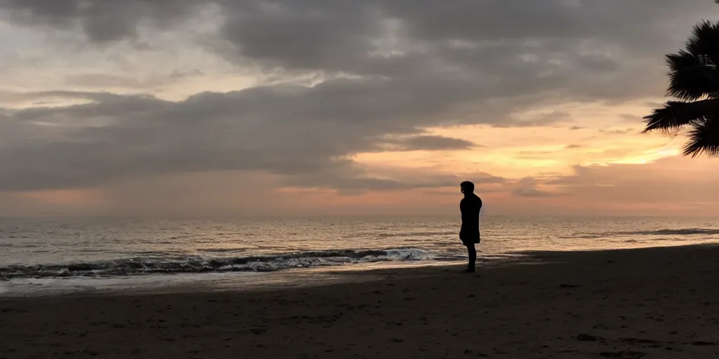 Prompt: A film still of a silhouetted figure facing towards the ocean, establishing shot, cool lighting, dusk, beach setting