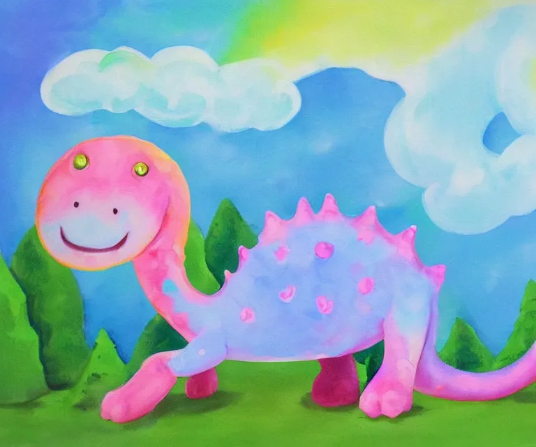 Image similar to a cute little dinosaur, water painting, cotton candy, fluffy clouds