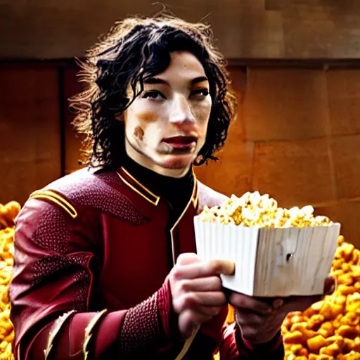 Prompt: photo of ezra miller as flash eating popcorn, national geographic, morning, daylight