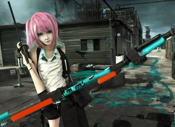 Prompt: hatsune miku cosplayer smoking a bong in call of duty black ops 2, call of duty screenshot, ps3 game,