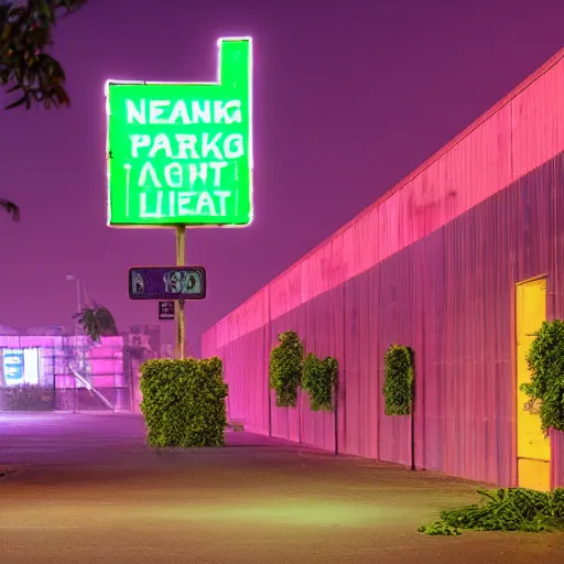 Image similar to a indoor abandoned parking lot with overgrown plants, magenta lighting, neon, cyberpunk, art by Simon Stalenhag, cinematic, 4k