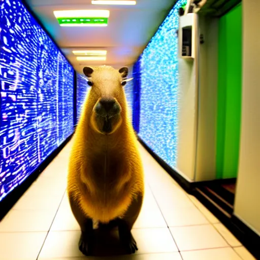 Image similar to a capybara in a spaceship hallway filled with glowing screens