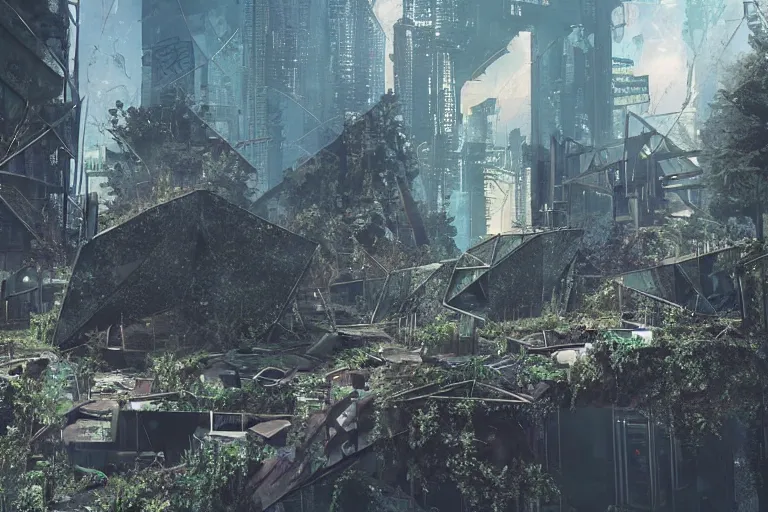 Image similar to a triangular portal structure made from crystals in the centre of an abandoned overgrown cyberpunk city, matte painting, unusual composition