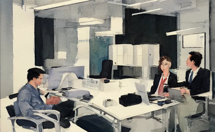 Image similar to concept art of a modern office life, pinterest, artstation trending, behance, watercolor, by coby whitmore *, silver, laser light *,