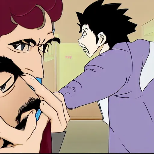Prompt: man with glasses and goatee slapping student, hirohiko araki style