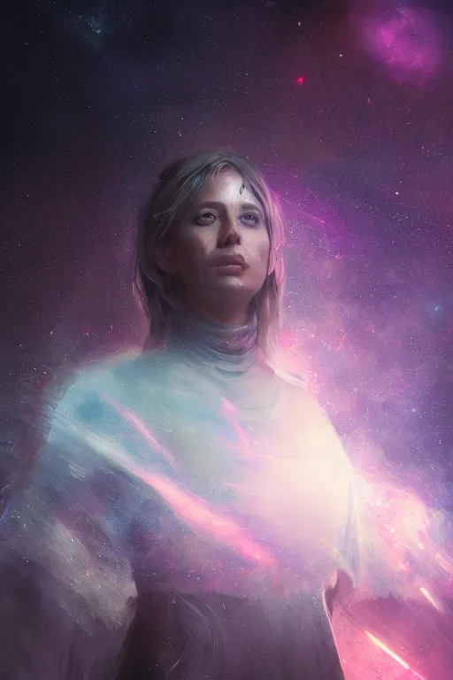 Image similar to a woman, wearing a dress made of stars and nebulae, dramatic, volumetric lighting, planets in the background, smooth, sharp focus, very detailed, by greg rutkowski, artstation, tom badshaw, 8 k, symmetrical face