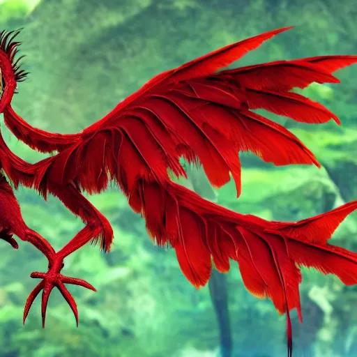 Image similar to a feather dragon with wings spread out and an open mouth flying over high cliffs and jungles with large trees and vines, fantasy, 8k, realistic