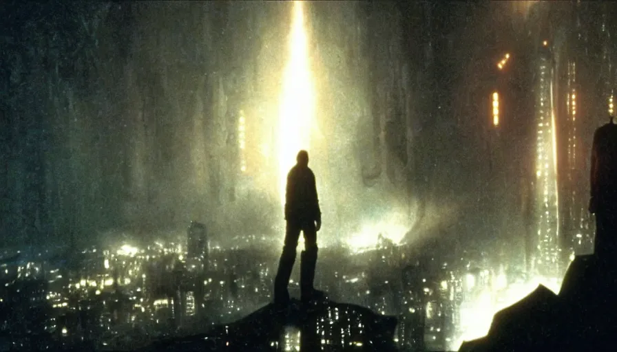 Image similar to screen shot of blade runner, astronaut priest talking to god, ambient lighting, cinematic, epic, demonic