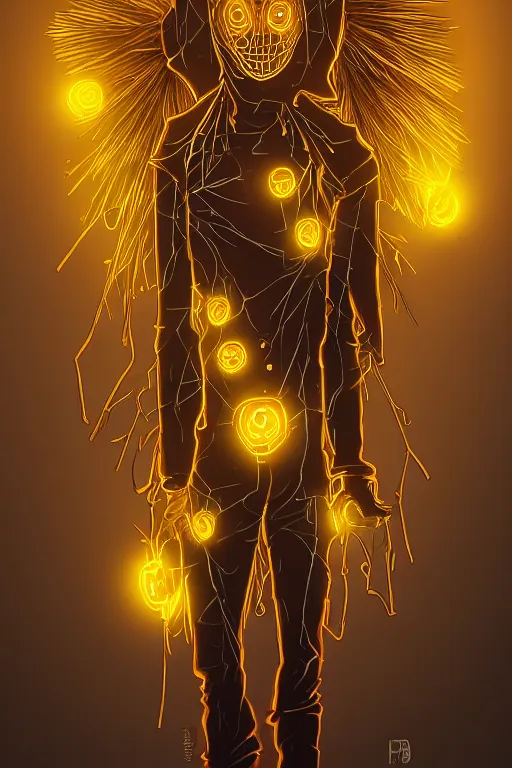 Image similar to glowing scarecrow, symmetrical, highly detailed, digital art, sharp focus, trending on art station, anime art style