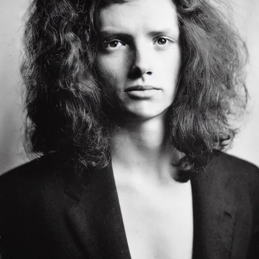 Prompt: wide-angle portrait of a typical person with waist-length incredible hair by Richard Avedon, gelatin silver finish, piercing eyes, nd4, 85mm, perfect location lighting