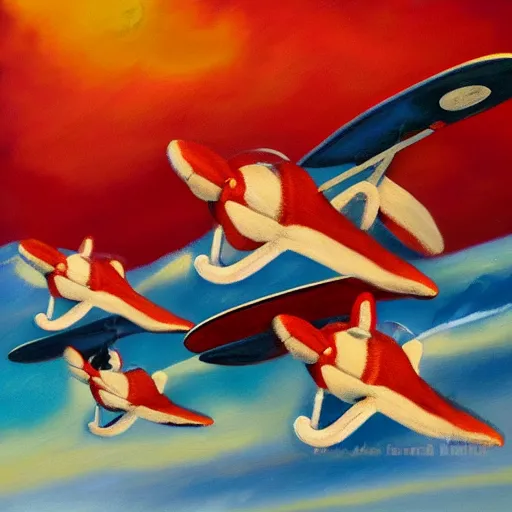 Prompt: 3 toy fox terriers flying a biplane, wearing red scarves flapping in wind, dramatic oil painting, aperture gradient