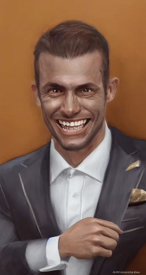 Prompt: a hyper realistic portrait of a handsome smiling male alien in a suit for advertisement, artstation