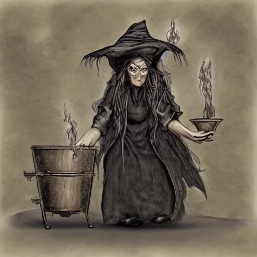 Image similar to An old wrinkled witch dressed in black stirring her cauldron. high detail, digital art, fantasy, RPG, concept art, illustration