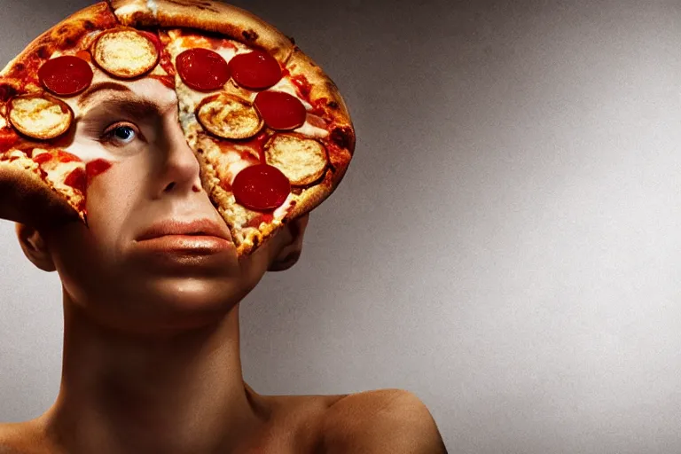 Prompt: evil woman made of pizza, photorealistic, cinematic lighting, beatiful house
