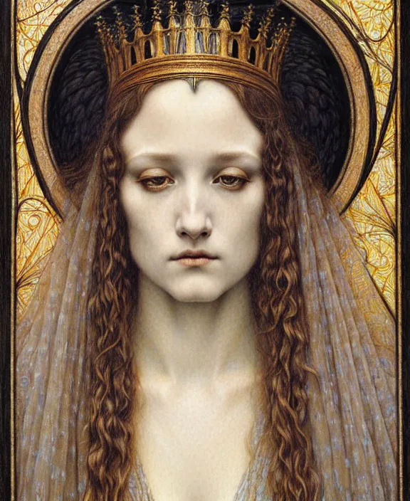 Image similar to detailed realistic beautiful young medieval queen face portrait by jean delville, gustave dore and marco mazzoni, art nouveau, symbolist, visionary, gothic, pre - raphaelite. horizontal symmetry