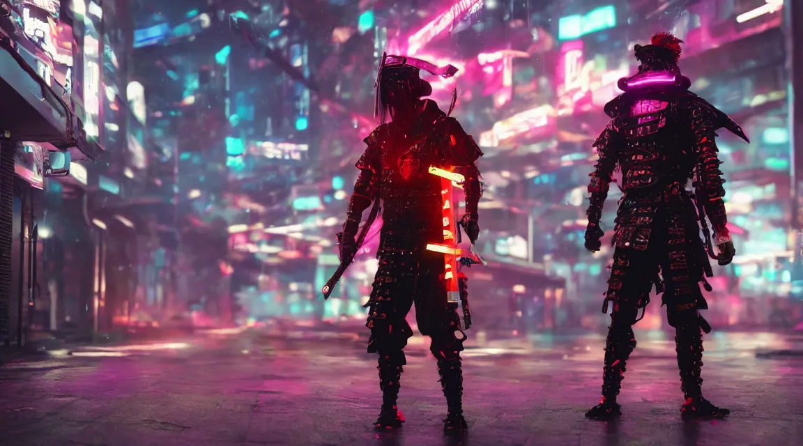 Image similar to cyberpunk samurai, wearing fluorescent clothing, glowing katana, rain, octane render, unreal engine