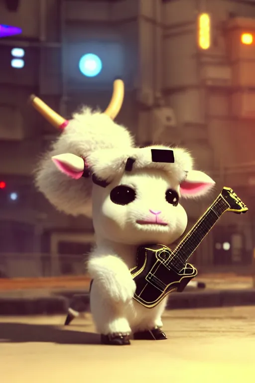 Image similar to high quality 3 d render very cute fluffy! cyborg cow plays guitar, cyberpunk highly detailed, unreal engine cinematic smooth, in the style of blade runner & detective pikachu, hannah yata charlie immer, moody light, low angle, uhd 8 k, sharp focus