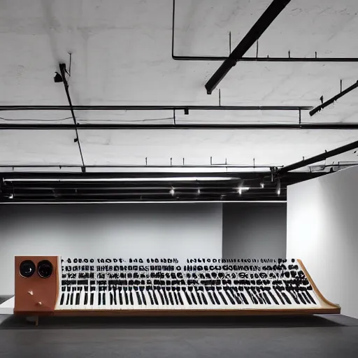 Prompt: a dezeen showroom, archdaily photo of synthesizers by virgil abloh & Patricia Urquiola