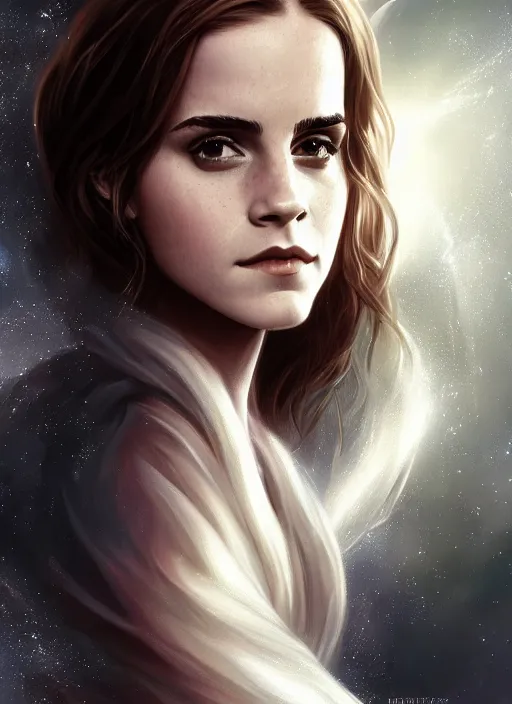 Prompt: emma watson as magic healer celestial, long hair, black and transparent cloth, space, D&D, shiny background, intricate, elegant, highly detailed, digital painting, artstation, concept art, smooth, sharp focus, illustration, artgerm, bouguereau