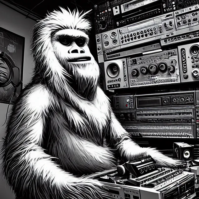 Image similar to a portrait of an anthropomorphic cyberpunk yeti podcasting while working in his secret electronics lab, detailed render, tape deck, studio microphone, boombox, headphones, epic composition, cybernetics, 4 k realistic, cryengine, realistic shaded lighting, sharp focus, masterpiece, by matteo scalera, gary montalbano, peter elson in the style of the tokyo ghost comic