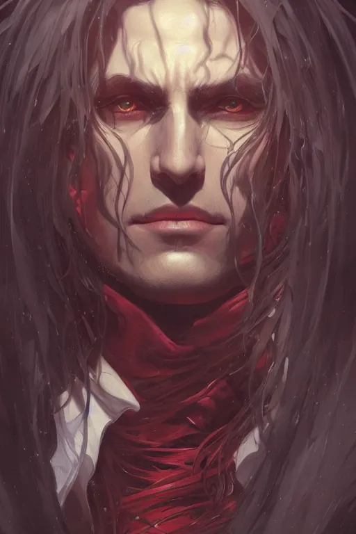 Image similar to up close portrait of alucard, d & d, face, fantasy, intricate, elegant, highly detailed, digital painting, artstation, concept art, smooth, sharp focus, illustration, art by artgerm and greg rutkowski and alphonse mucha
