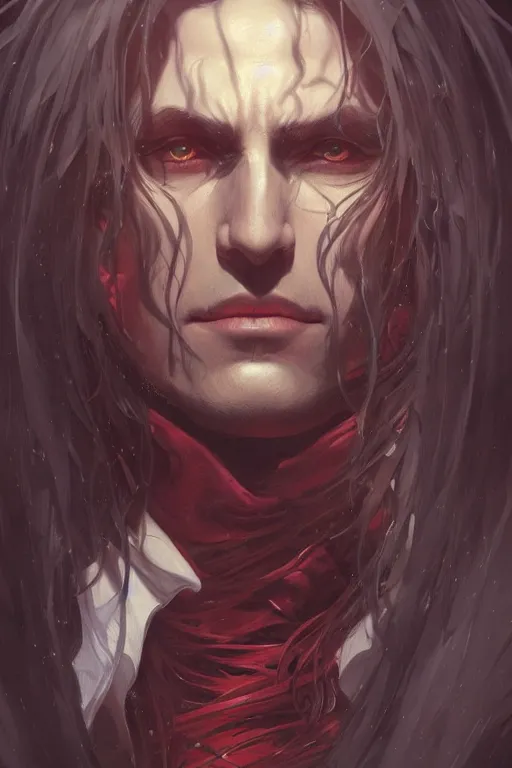 Prompt: up close portrait of alucard, d & d, face, fantasy, intricate, elegant, highly detailed, digital painting, artstation, concept art, smooth, sharp focus, illustration, art by artgerm and greg rutkowski and alphonse mucha