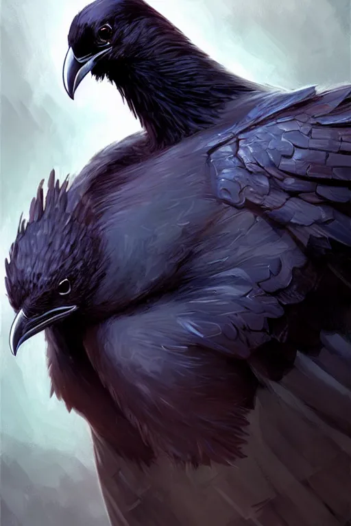 Image similar to character art by wlop, steve henderson, and j scott campbell, gooseman, male hero, raven head, wings, 4 k, arstation, trending, high quality, very detailed, digital