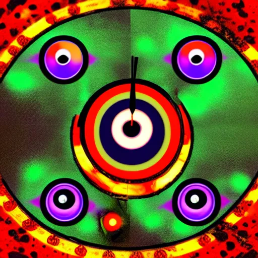 Image similar to a clock with eyes psychedelic rock album neon cover