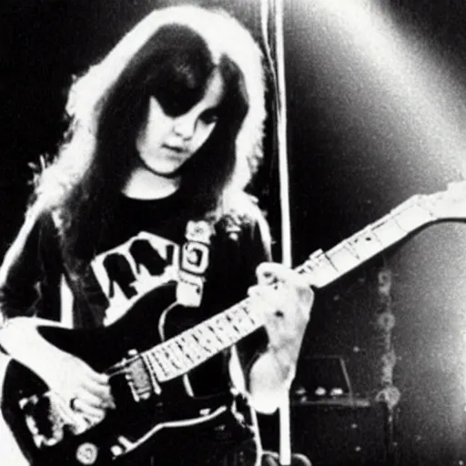 Image similar to 19-year-old girl, long shaggy black hair, playing electric guitar, stoner rock concert, proto-metal, doom metal, live on stage, super 8mm, 1973