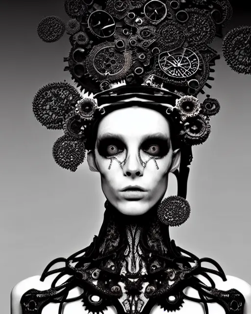 Image similar to surreal black and white photo portrait of complex bio-mechanical beautiful young female vegetal-cyborg with a Mandelbrot fractal steampunk metal fine lace face, a very long neck and a fine metal floral foliage super big lace collar by Alexander McQueen:: smoke, high fashion, haute couture, rococo, steampunk, silver filigree details, anatomical, facial muscles, cable wires, microchip, elegant, dreamy, foggy atmosphere, hyper realistic, 150 mm lens, soft rim light, octane render, unreal engine, picture was taken in 1910 by Man Ray, volumetric lighting, dramatic light,8k,