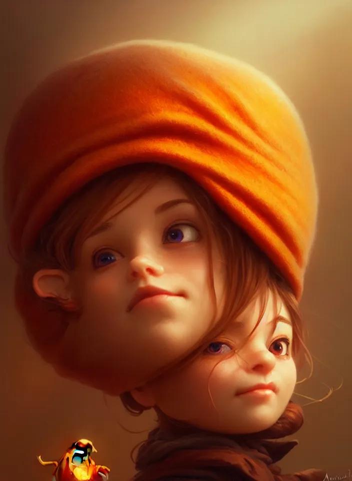 Image similar to hand drawn cute one gnomes face in autumn and pumpkin, detailed closeup face, concept art, low angle, high detail, warm lighting, volumetric, godrays, vivid, beautiful, trending on artstation, art by artgerm and greg rutkowski and alphonse mucha