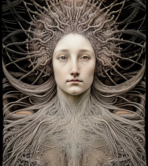 Prompt: detailed realistic beautiful winter goddess face portrait by jean delville, gustave dore, iris van herpen and marco mazzoni, art forms of nature by ernst haeckel, art nouveau, symbolist, visionary, gothic, neo - gothic, pre - raphaelite, fractal lace, intricate alien botanicals, ai biodiversity, surreality, hyperdetailed ultrasharp octane render