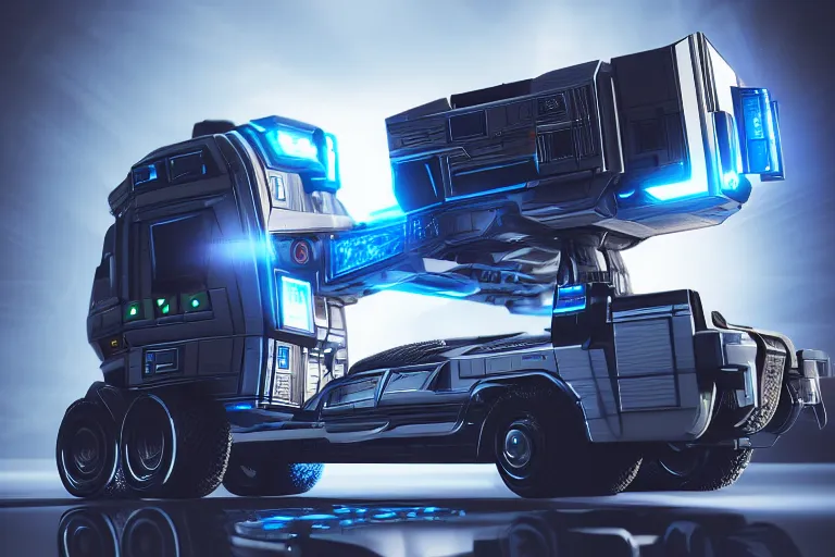 Image similar to still photo of a futuristic cyberpunk remote control truck, highly detailed, photorealistic portrait, bright studio setting, studio lighting, crisp quality and light reflections, unreal engine 5 quality render