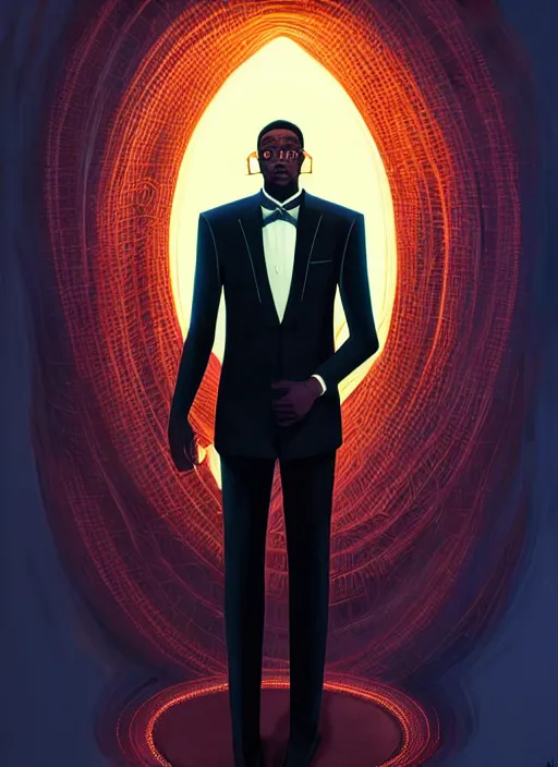 Image similar to portrait of handsome black man in tailored suit with telekinetic powers, afro - futurist style, intricate three dimensional displays, elegant, glowing lights, highly detailed, digital painting, artstation, concept art, smooth, sharp focus, illustration, art by wlop, mars ravelo and greg rutkowski