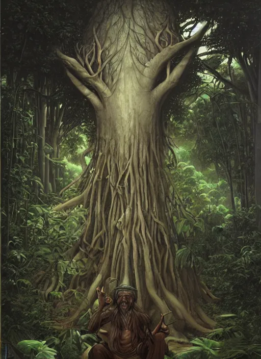 Image similar to a shaman sitting in the jungle, a tree behind him with a giant face of an old man in the trunk, hyper detailed, high contrast, art by christophe vacher