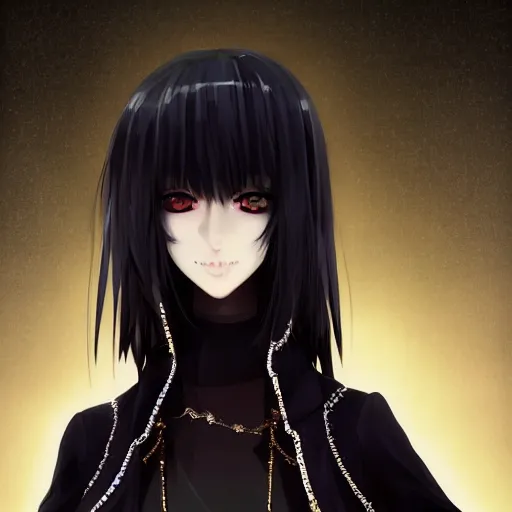 Image similar to 1 7 - year - old goth girl, black hair, long bob cut, long bangs, gothic coat, dark hallways, soft lighting, glowing keypads, secret society, roman pillars, strong lighting, strong shadows, vivid hues, ultra - realistic, sharp details, subsurface scattering, intricate details, hd anime, 2 0 1 9 anime