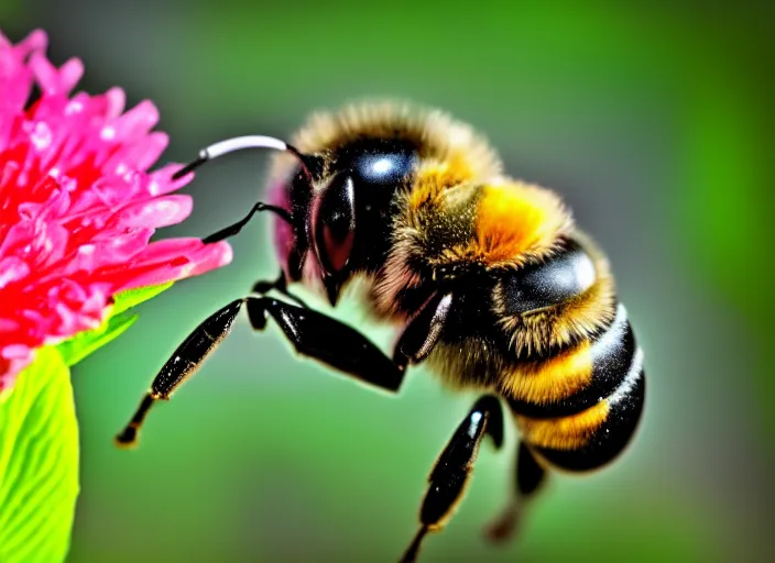 Image similar to super macro of a bee with cybernetic body drinking from a flower in the forest. fantasy magic style. highly detailed 8 k. intricate. nikon d 8 5 0 3 0 0 mm. award winning photography.