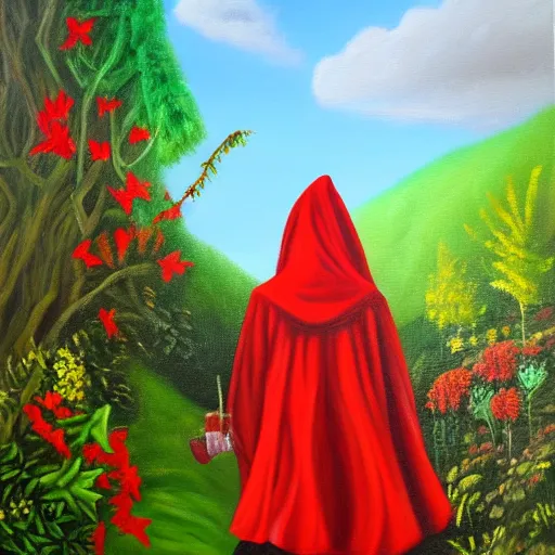 Prompt: oil painting of little red riding hood walking through a fantasy landscape filled with brugmansia suaveolens flowers