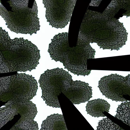 Image similar to looking up at trees from ground level, trees parted in shape of mandelbrot set, artstation