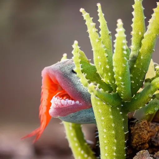 Prompt: close up of a fish eating a cactus, 33mm, 4k, award winning photo