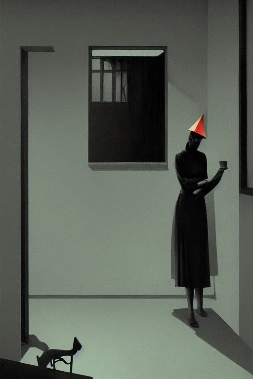 Prompt: woman put the trash on television through her head Edward Hopper and James Gilleard, Zdzislaw Beksisnski, higly detailed